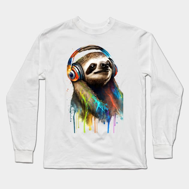 Sloth Watercolor Painting - Sloth Listening to Music Long Sleeve T-Shirt by ArtisticCorner